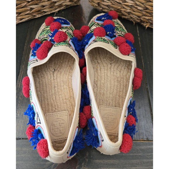 TORY BURCH Ellis Pom-pom‎ Embroidered Leather Textile Espadrille Flats 7.5 Shoes - Picture 6 of 13